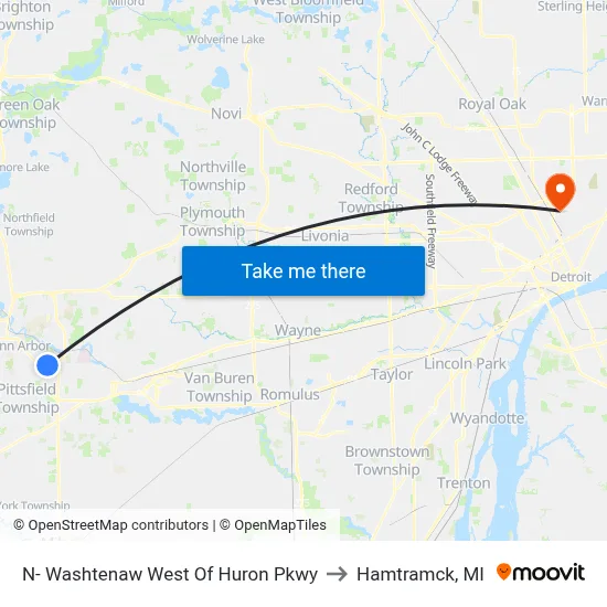 N- Washtenaw West Of Huron Pkwy to Hamtramck, MI map