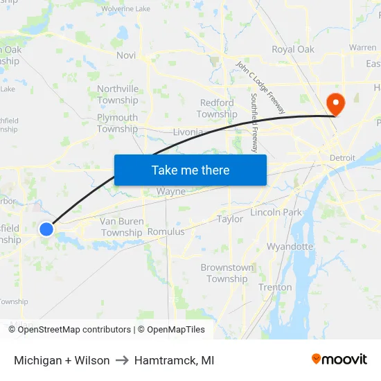 Michigan + Wilson to Hamtramck, MI map