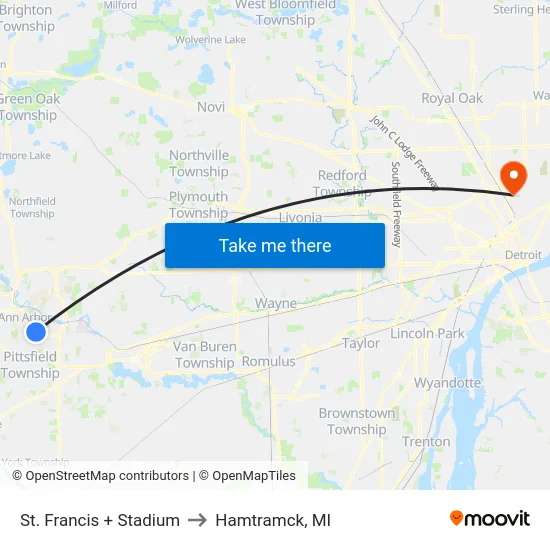 St. Francis + Stadium to Hamtramck, MI map