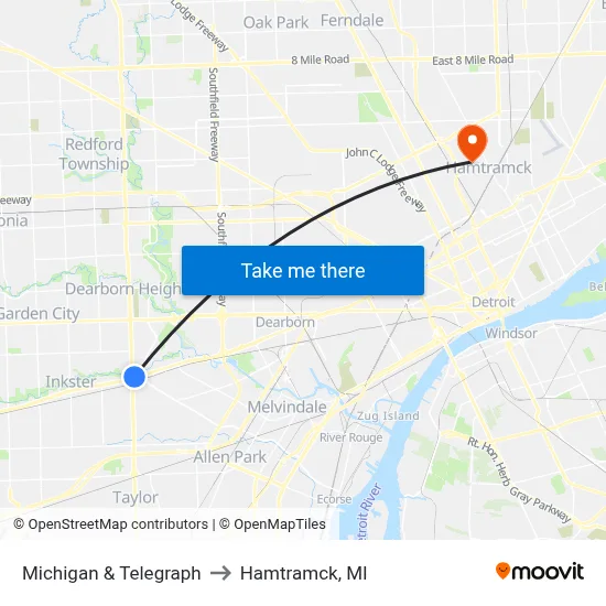 Michigan & Telegraph to Hamtramck, MI map