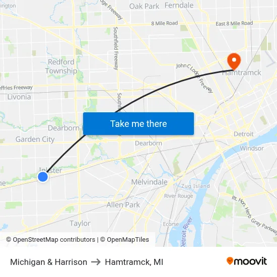 Michigan & Harrison to Hamtramck, MI map