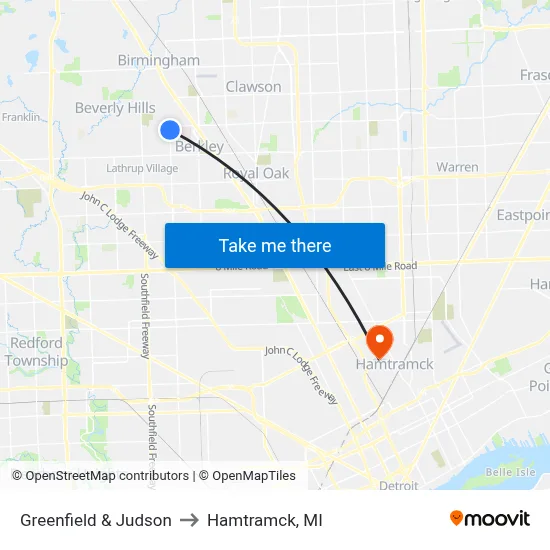 Greenfield & Judson to Hamtramck, MI map