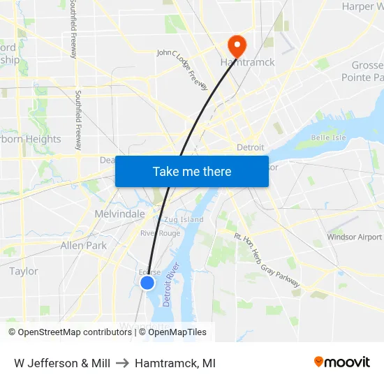 W Jefferson & Mill to Hamtramck, MI map
