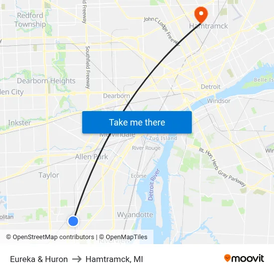 Eureka & Huron to Hamtramck, MI map