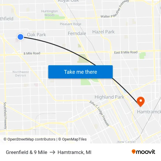 Greenfield & 9 Mile to Hamtramck, MI map