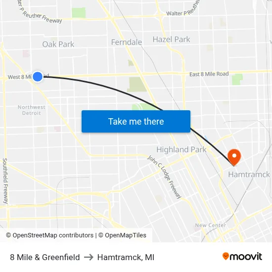 8 Mile & Greenfield to Hamtramck, MI map