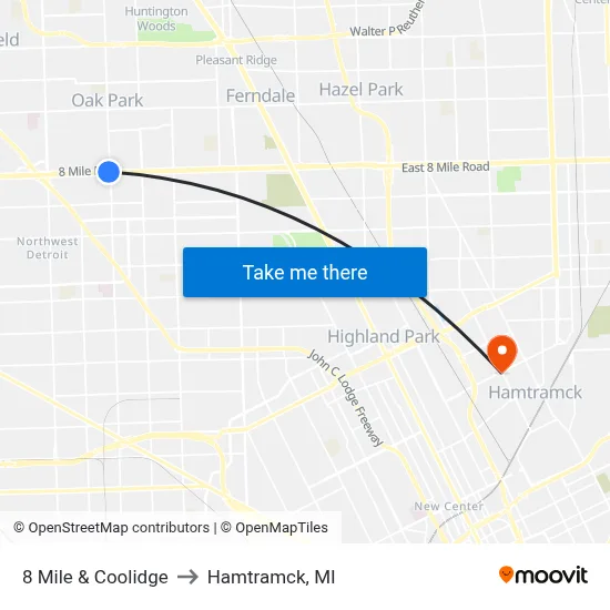 8 Mile & Coolidge to Hamtramck, MI map