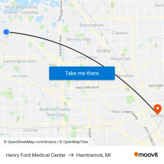 Henry Ford Medical Center to Hamtramck, MI map