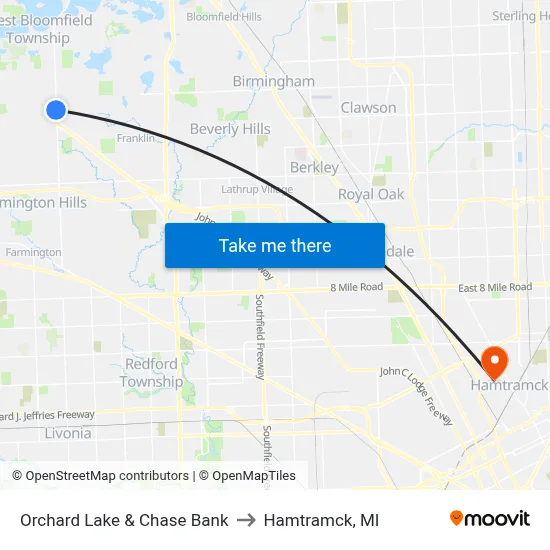 Orchard Lake & Chase Bank to Hamtramck, MI map