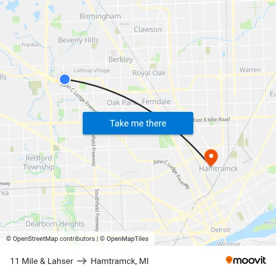 11 Mile & Lahser to Hamtramck, MI map