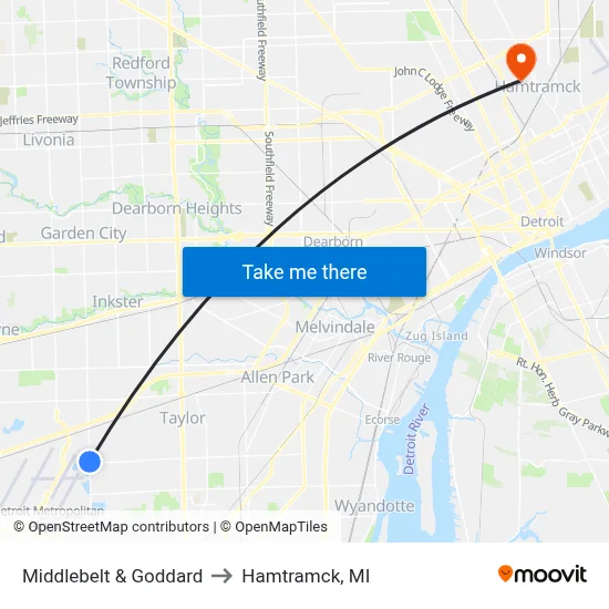 Middlebelt & Goddard to Hamtramck, MI map