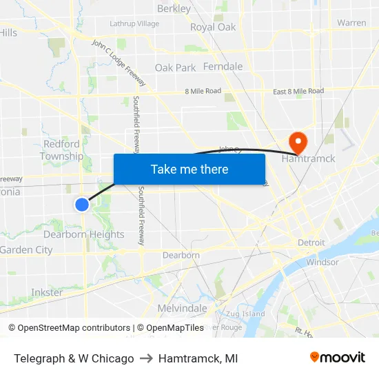 Telegraph & W Chicago to Hamtramck, MI map