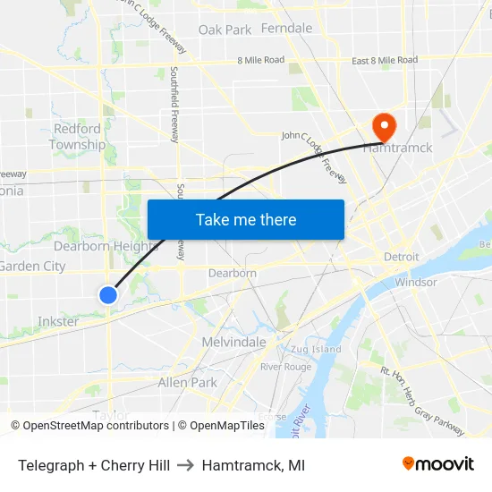 Telegraph & Cherry Hill to Hamtramck, MI map