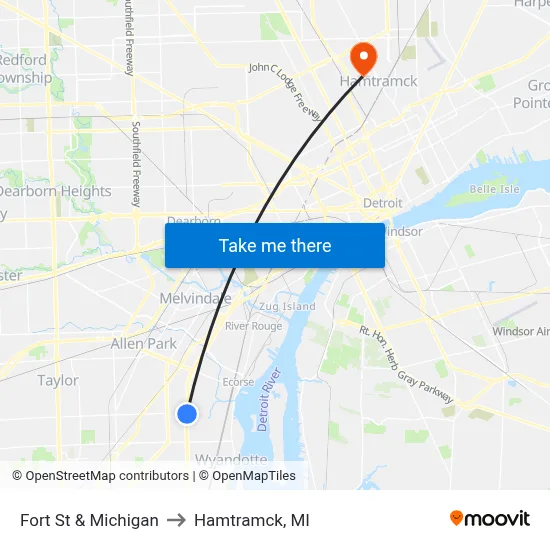 Fort St & Michigan to Hamtramck, MI map