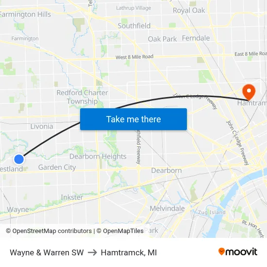 Wayne & Warren SW to Hamtramck, MI map
