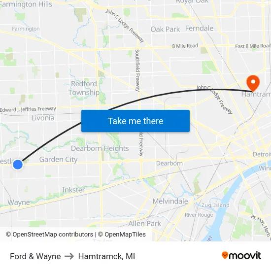 Ford & Wayne to Hamtramck, MI map