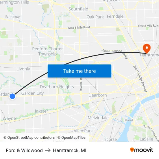 Ford & Wildwood to Hamtramck, MI map
