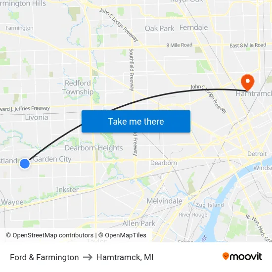 Ford & Farmington to Hamtramck, MI map