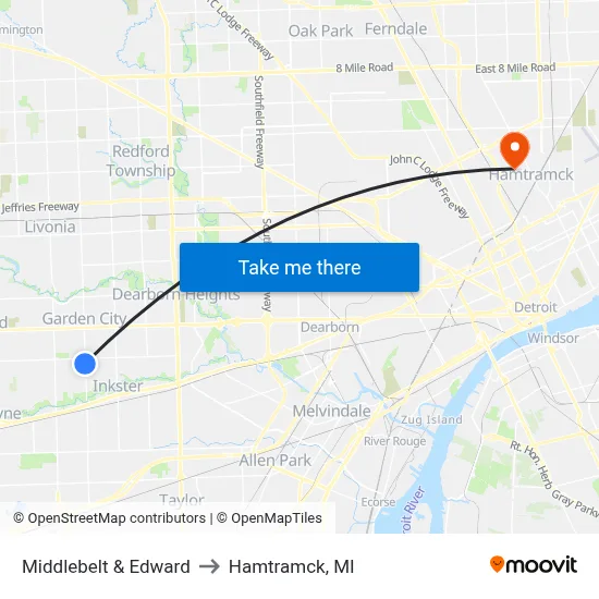 Middlebelt & Edward to Hamtramck, MI map