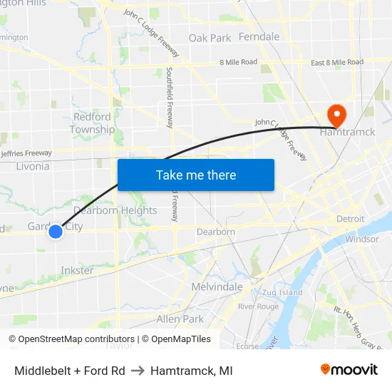 Middlebelt & Ford to Hamtramck, MI map