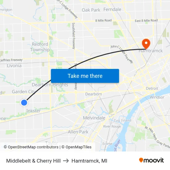 Middlebelt & Cherry Hill to Hamtramck, MI map