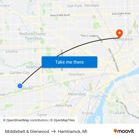 Middlebelt & Glenwood to Hamtramck, MI map
