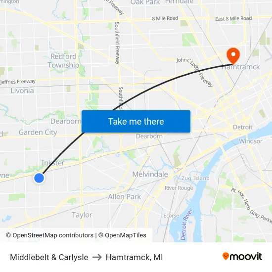 Middlebelt & Carlysle to Hamtramck, MI map