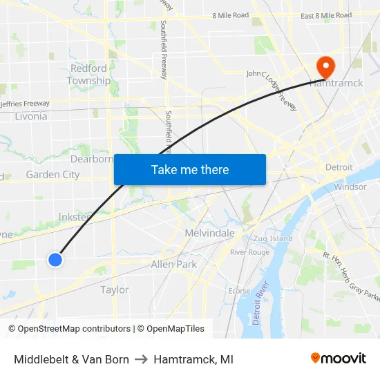 Middlebelt & Van Born to Hamtramck, MI map