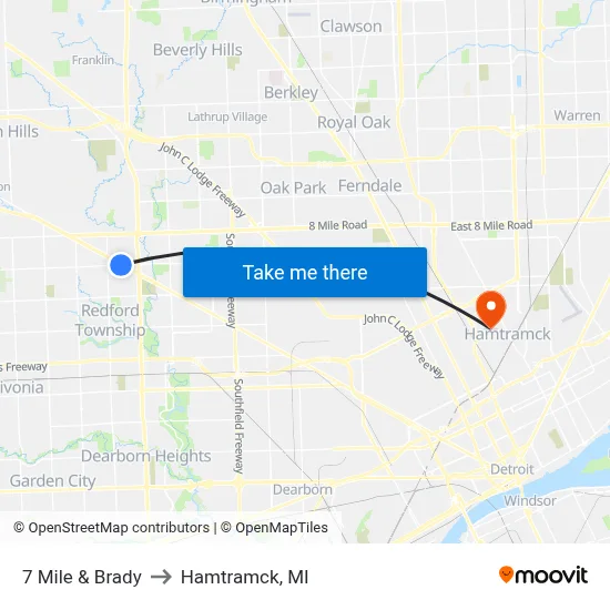 7 Mile & Brady to Hamtramck, MI map