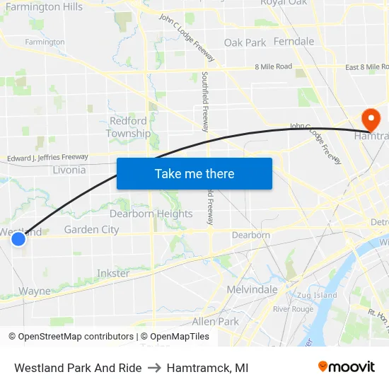 Westland Park And Ride to Hamtramck, MI map