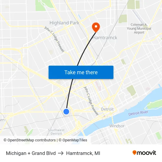 Michigan & Grand Boulevard to Hamtramck, MI map
