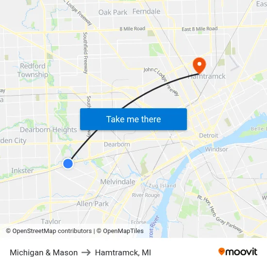 Michigan & Mason to Hamtramck, MI map
