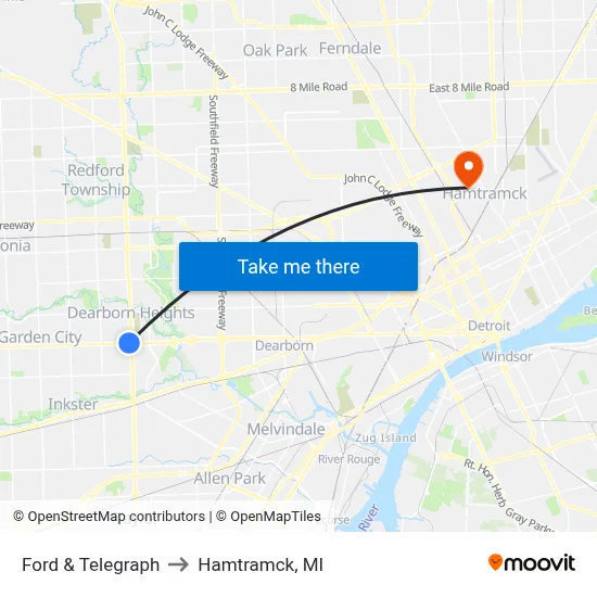 Ford & Telegraph to Hamtramck, MI map