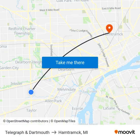 Telegraph & Dartmouth to Hamtramck, MI map