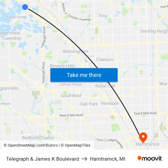 Telegraph & James K Boulevard to Hamtramck, MI map