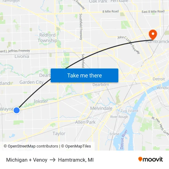 Michigan & Venoy to Hamtramck, MI map