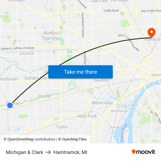 Michigan & Clark to Hamtramck, MI map