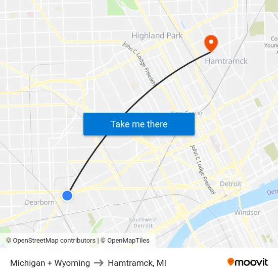 Michigan & Wyoming to Hamtramck, MI map