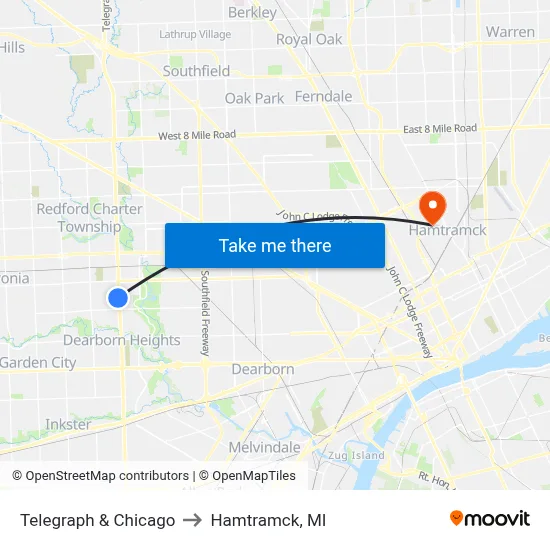 Telegraph & Chicago to Hamtramck, MI map
