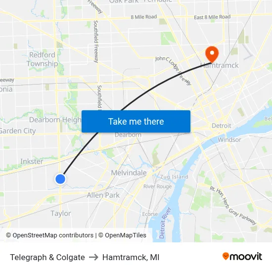 Telegraph & Colgate to Hamtramck, MI map
