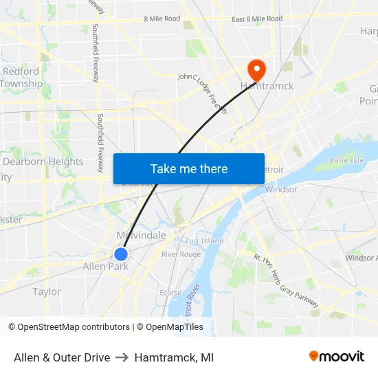 Allen & Outer Drive to Hamtramck, MI map