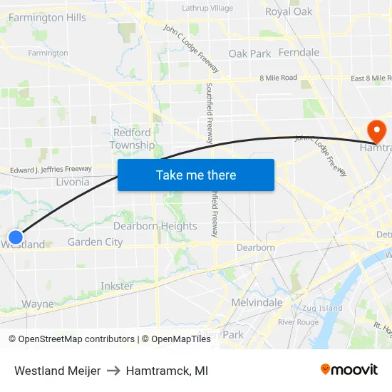 Westland Meijer to Hamtramck, MI map