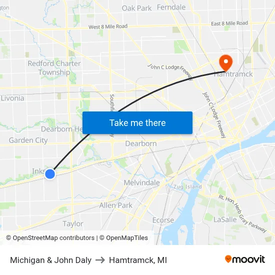 Michigan & John Daly to Hamtramck, MI map