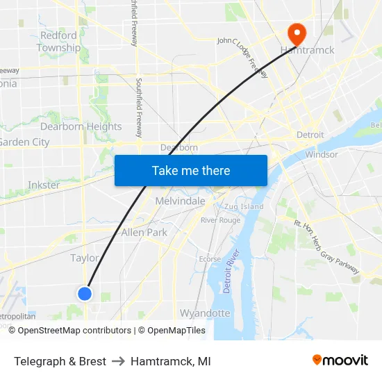 Telegraph & Brest to Hamtramck, MI map