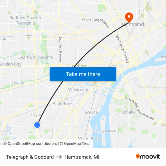 Telegraph & Goddard to Hamtramck, MI map