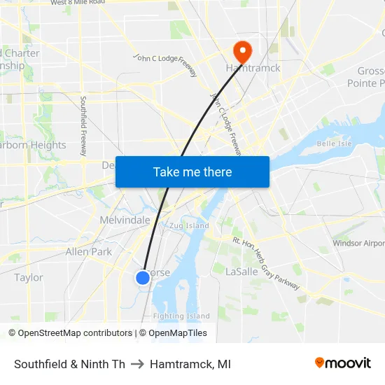 Southfield & Ninth Th to Hamtramck, MI map