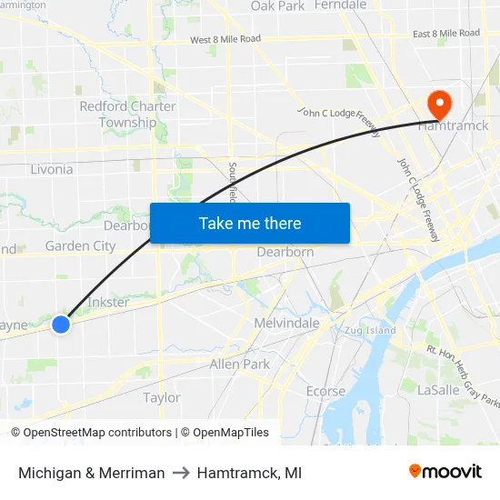 Michigan & Merriman to Hamtramck, MI map