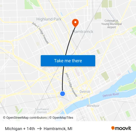Michigan & 14th to Hamtramck, MI map