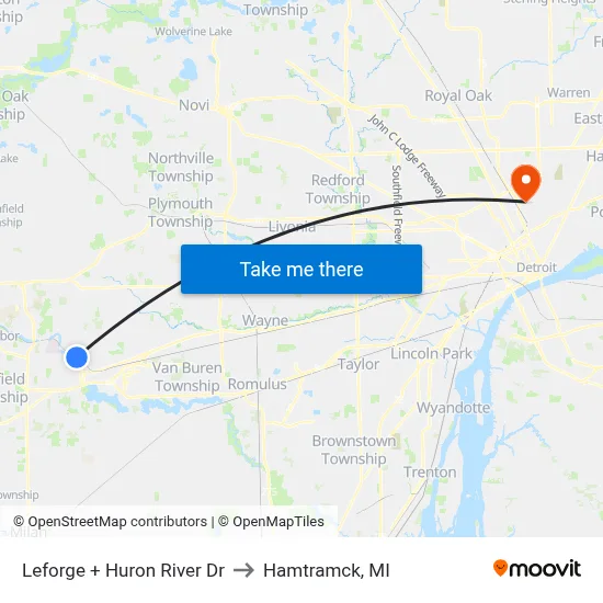 Leforge + Huron River Dr to Hamtramck, MI map