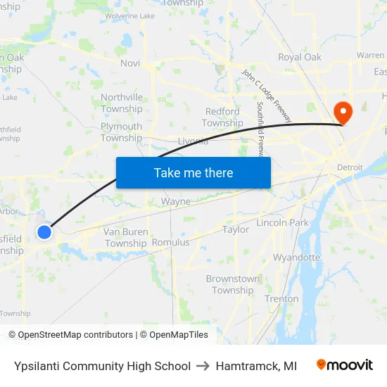 Ypsilanti Community High School to Hamtramck, MI map